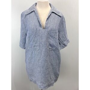 The Pants Store 100% Linen Striped Tunic Top Sz Small Women's Pockets Blue White